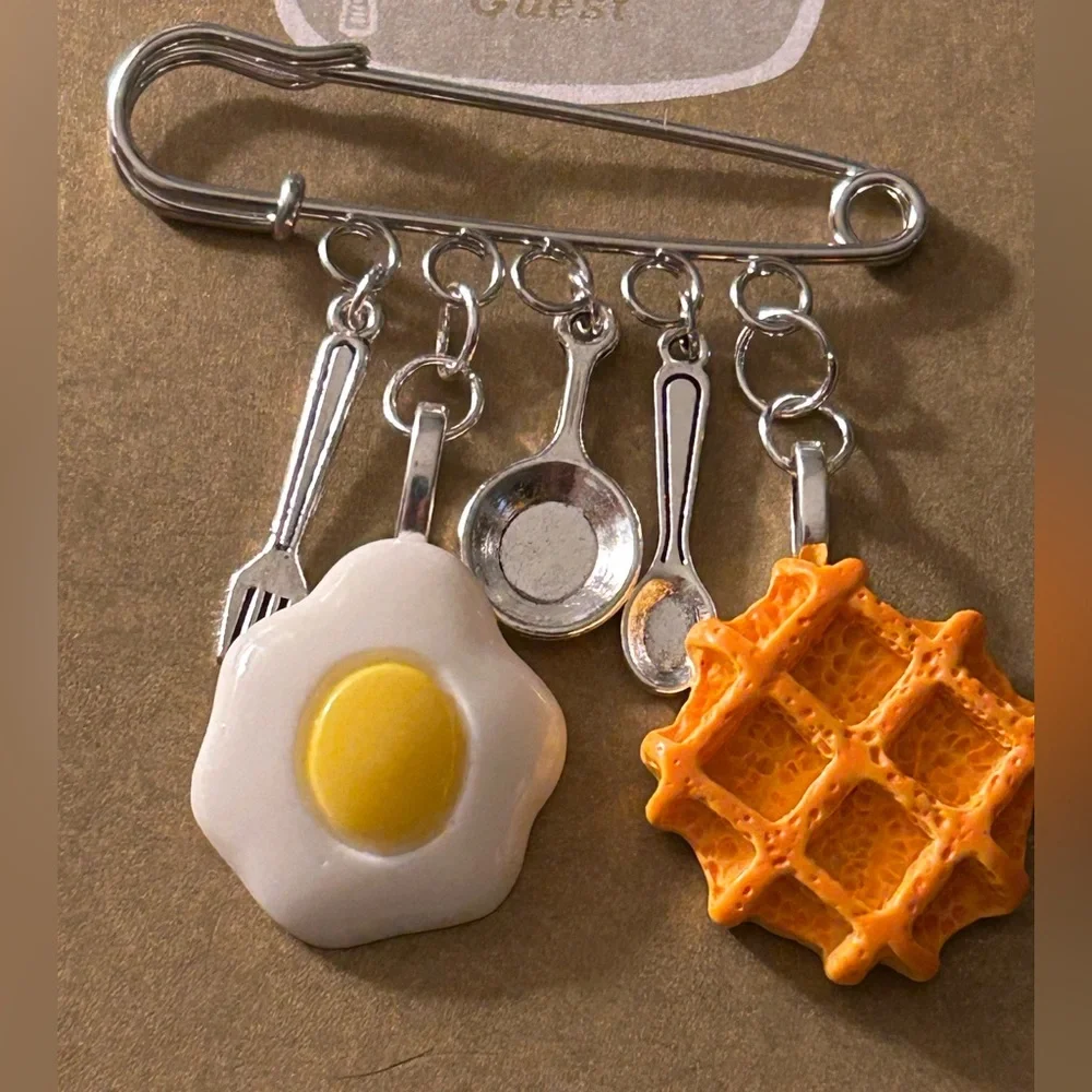 NWOT Safety Pin Brooch: “Room Service” Charms waffle, Egg 🍳, utensils